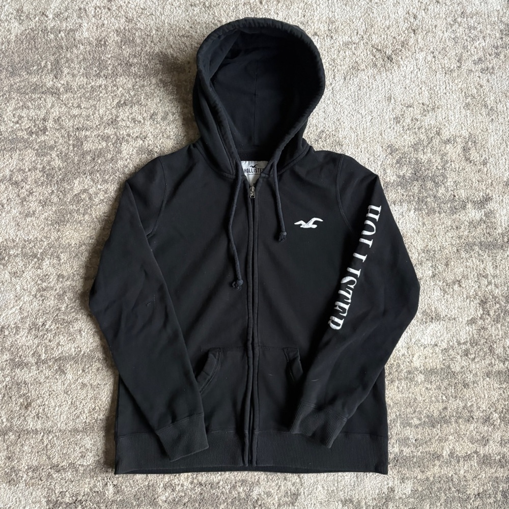 VTG Y2K Hollister Black Sleeve Spellout Zip Up Surfcore Hoodie